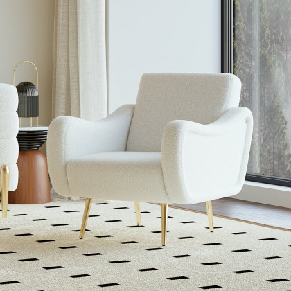 HMR - Modern White Boucle Accent Chair Armchair with Metal Leg in Gold