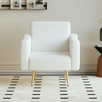 HMR - Modern White Boucle Accent Chair Armchair with Metal Leg in Gold