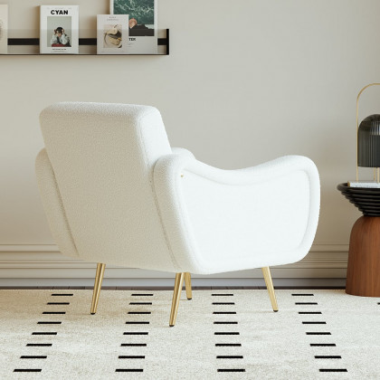HMR - Modern White Boucle Accent Chair Armchair with Metal Leg in Gold