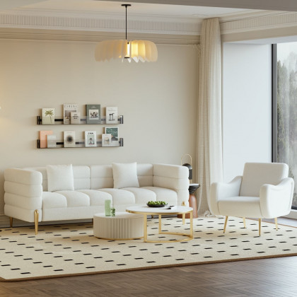 HMR - Modern White Boucle Accent Chair Armchair with Metal Leg in Gold