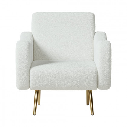 HMR - Modern White Boucle Accent Chair Armchair with Metal Leg in Gold