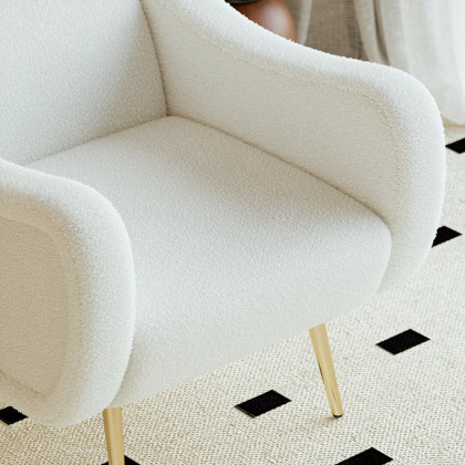 HMR - Modern White Boucle Accent Chair Armchair with Metal Leg in Gold