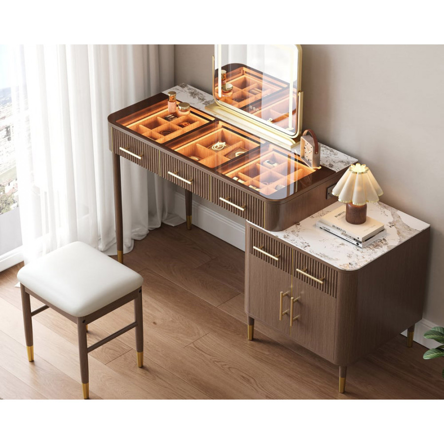 HMR - Glass Sintered Stone Top Makeup Vanity Set with Mirror