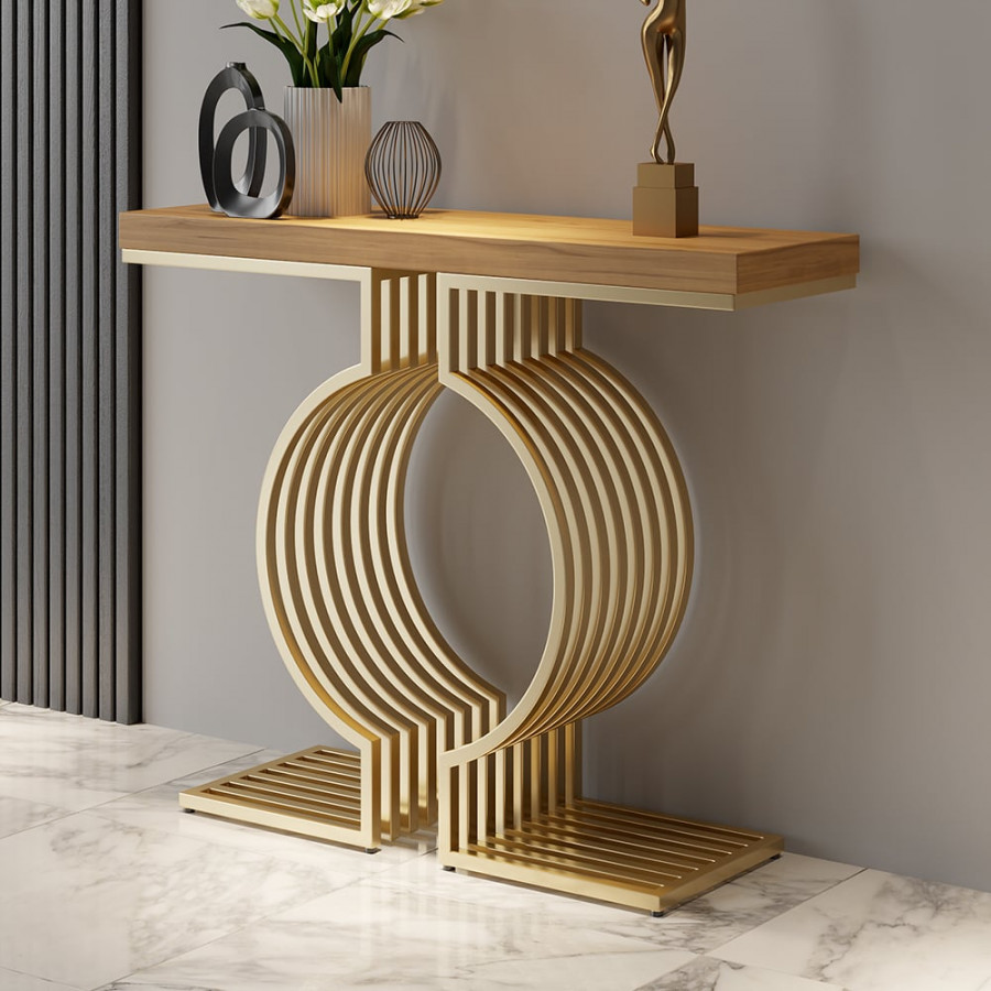 HMR Modern Narrow Console Table with Geometric Metal Base Entryway Table - Natural, 39.4"