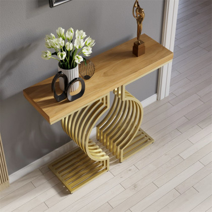 HMR Modern Narrow Console Table with Geometric Metal Base Entryway Table - Natural, 39.4"