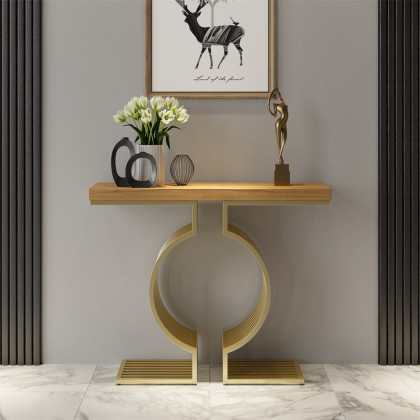 HMR Modern Narrow Console Table with Geometric Metal Base Entryway Table - Natural, 39.4"