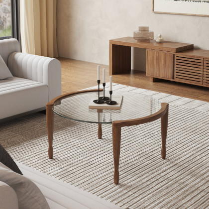 HMR - 32" Round Glass Mid Century Modern Coffee Table with Wood Legs