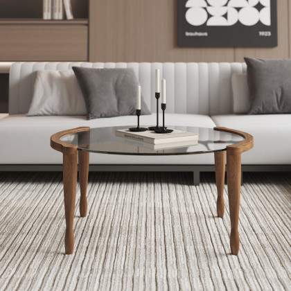 HMR - 32" Round Glass Mid Century Modern Coffee Table with Wood Legs