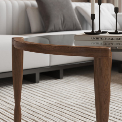 HMR - 32" Round Glass Mid Century Modern Coffee Table with Wood Legs