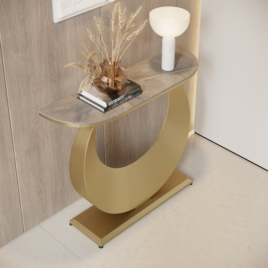 HMR - 39.4" Narrow Console Table Gray Sintered Stone Entryway Table with Half-Moon Steel Base