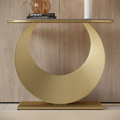 HMR - 39.4" Narrow Console Table Gray Sintered Stone Entryway Table with Half-Moon Steel Base