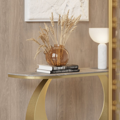 HMR - 39.4" Narrow Console Table Gray Sintered Stone Entryway Table with Half-Moon Steel Base
