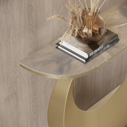 HMR - 39.4" Narrow Console Table Gray Sintered Stone Entryway Table with Half-Moon Steel Base