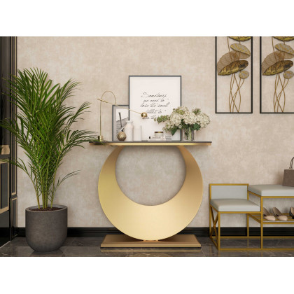 HMR - 39.4" Narrow Console Table Gray Sintered Stone Entryway Table with Half-Moon Steel Base
