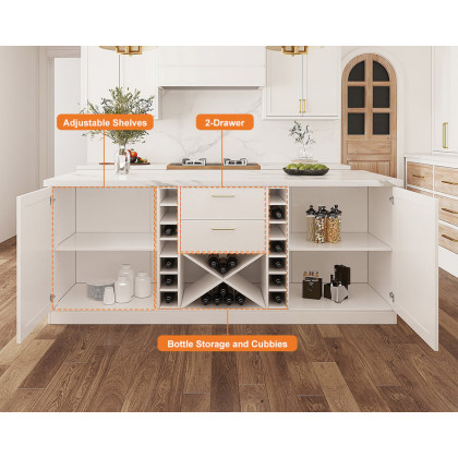 HMR 72'' Modern Kitchen lsland with Wine Storage - White, Engineered Wood