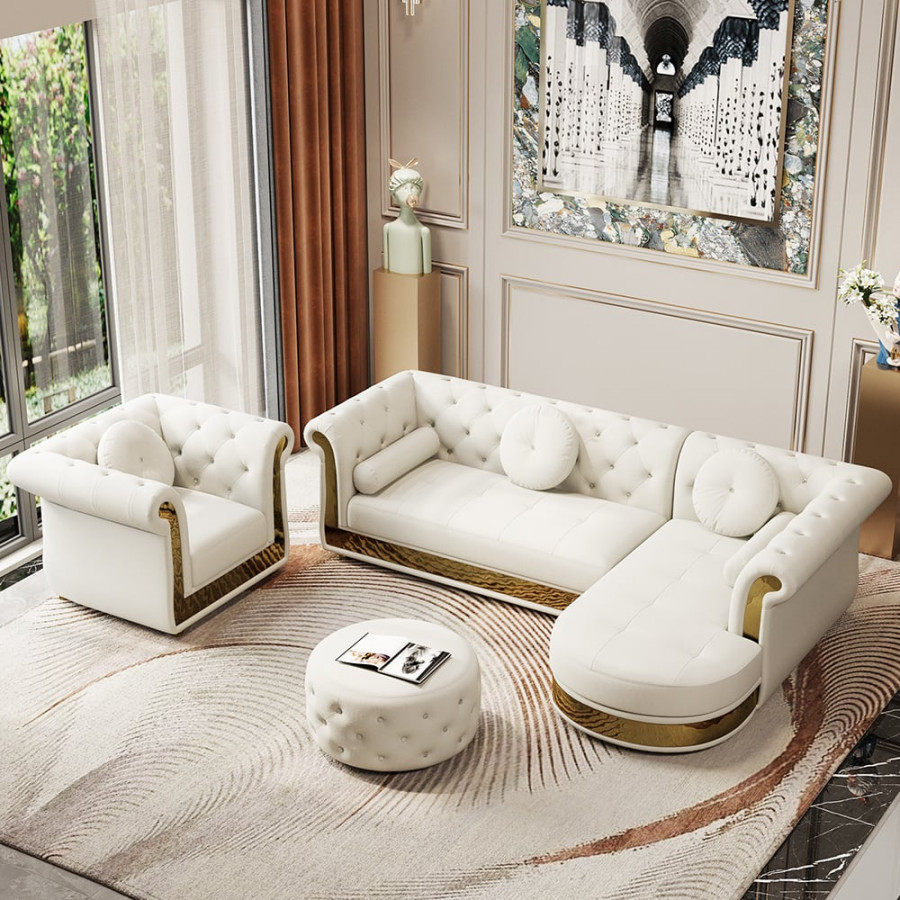 HMR - Dodiy Modern L-Shaped White Tufted Corner Sectional Sofa 6-Seater with Ottoman & Pillows