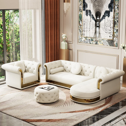 HMR - Dodiy Modern L-Shaped White Tufted Corner Sectional Sofa 6-Seater with Ottoman & Pillows