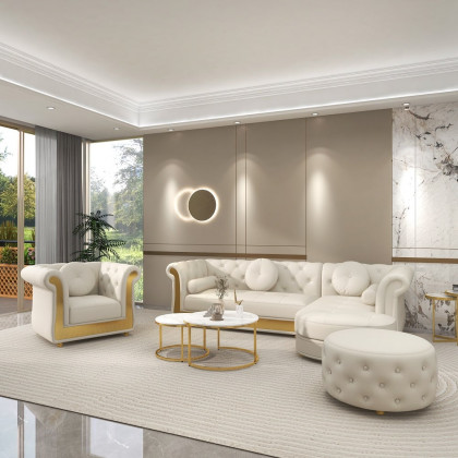 HMR - Dodiy Modern L-Shaped White Tufted Corner Sectional Sofa 6-Seater with Ottoman & Pillows
