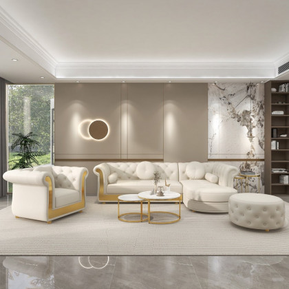HMR - Dodiy Modern L-Shaped White Tufted Corner Sectional Sofa 6-Seater with Ottoman & Pillows