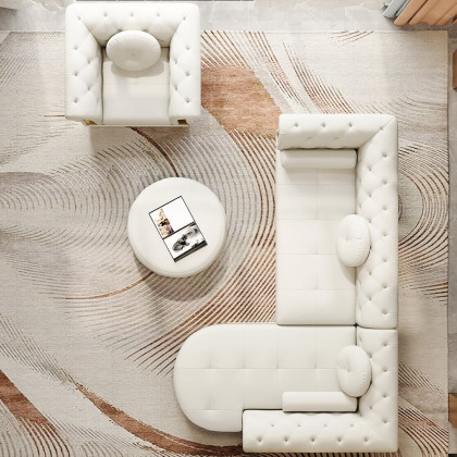 HMR - Dodiy Modern L-Shaped White Tufted Corner Sectional Sofa 6-Seater with Ottoman & Pillows