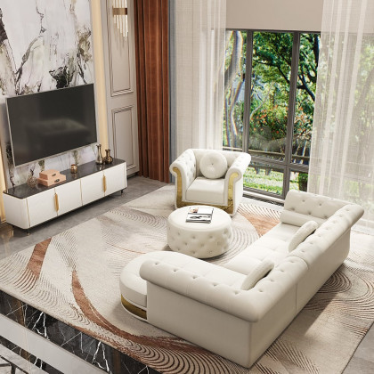 HMR - Dodiy Modern L-Shaped White Tufted Corner Sectional Sofa 6-Seater with Ottoman & Pillows