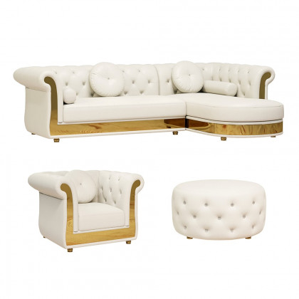 HMR - Dodiy Modern L-Shaped White Tufted Corner Sectional Sofa 6-Seater with Ottoman & Pillows