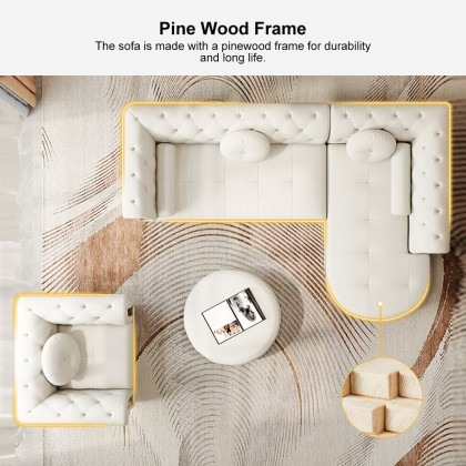 HMR - Dodiy Modern L-Shaped White Tufted Corner Sectional Sofa 6-Seater with Ottoman & Pillows