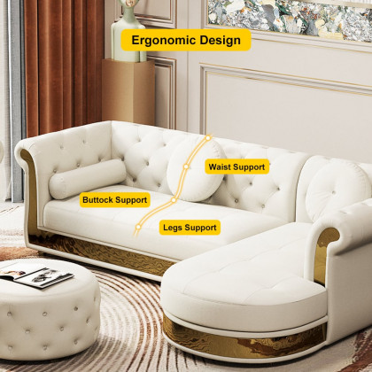 HMR - Dodiy Modern L-Shaped White Tufted Corner Sectional Sofa 6-Seater with Ottoman & Pillows