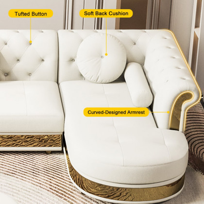 HMR - Dodiy Modern L-Shaped White Tufted Corner Sectional Sofa 6-Seater with Ottoman & Pillows