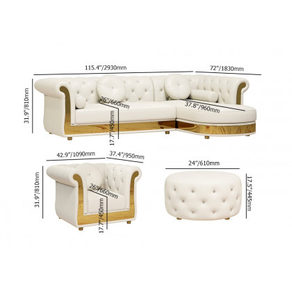 HMR - Dodiy Modern L-Shaped White Tufted Corner Sectional Sofa 6-Seater with Ottoman & Pillows