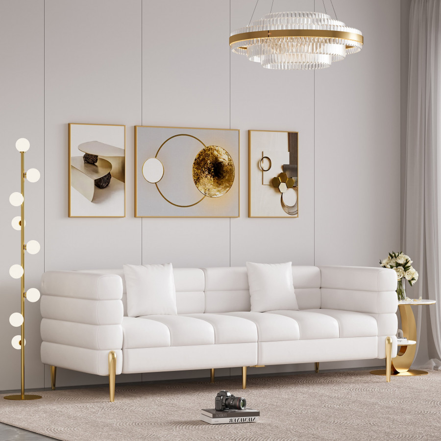 HMR Aurora 79" Fluted Sofa with Gold Legs & Pillows - White, Leather