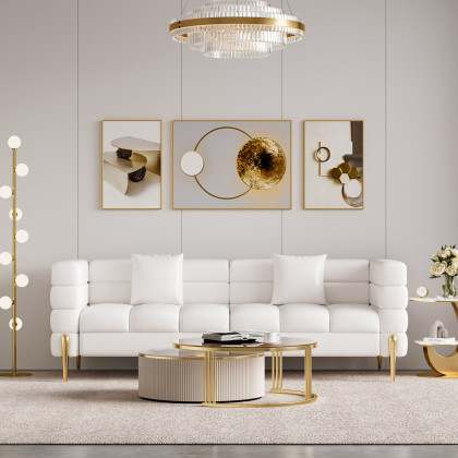 HMR Aurora 79" Fluted Sofa with Gold Legs & Pillows - White, Leather