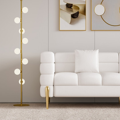 HMR Aurora 79" Fluted Sofa with Gold Legs & Pillows - White, Leather