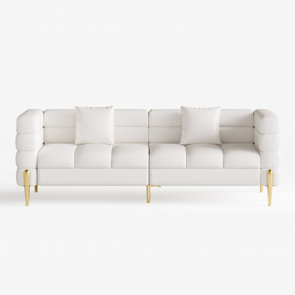 HMR Aurora 79" Fluted Sofa with Gold Legs & Pillows - White, Leather