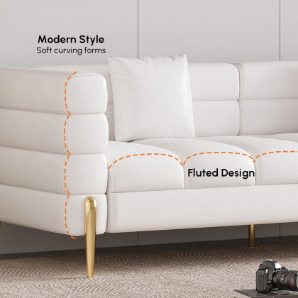 HMR Aurora 79" Fluted Sofa with Gold Legs & Pillows - White, Leather