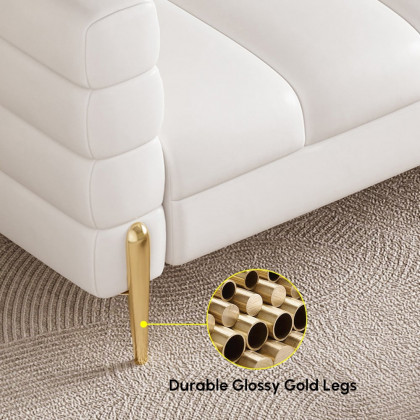 HMR Aurora 79" Fluted Sofa with Gold Legs & Pillows - White, Leather