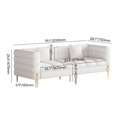 HMR Aurora 79" Fluted Sofa with Gold Legs & Pillows - White, Leather