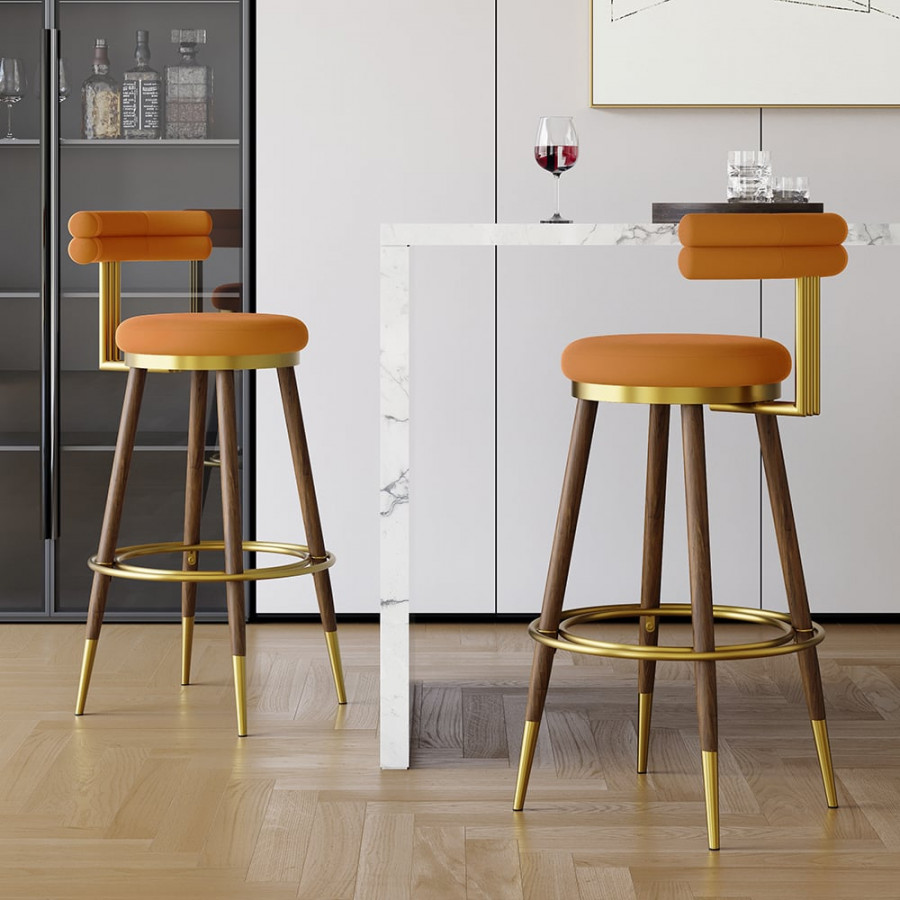 HMR - Set of 2 Mid-Century Modern Bar Stools with Velvet Upholstery Orange