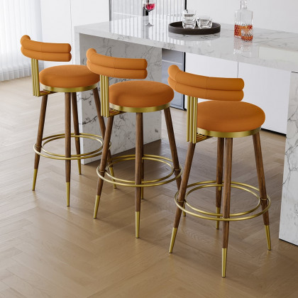 HMR - Set of 2 Mid-Century Modern Bar Stools with Velvet Upholstery Orange