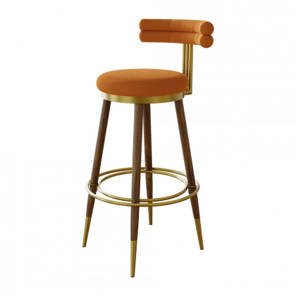 HMR - Set of 2 Mid-Century Modern Bar Stools with Velvet Upholstery Orange