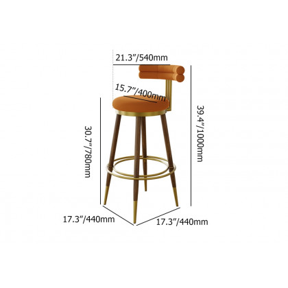 HMR - Set of 2 Mid-Century Modern Bar Stools with Velvet Upholstery Orange
