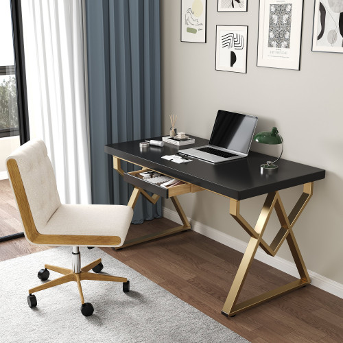 HMR 48" Modern Rectangular Writing Desk & Swivel Office Chair Set Ergonomic - Black & Gold