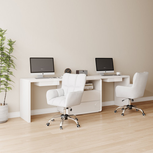 HMR - 94.5" Two Person Double Desk & 2 Office Chairs Set Cotton & Linen Swivel Task