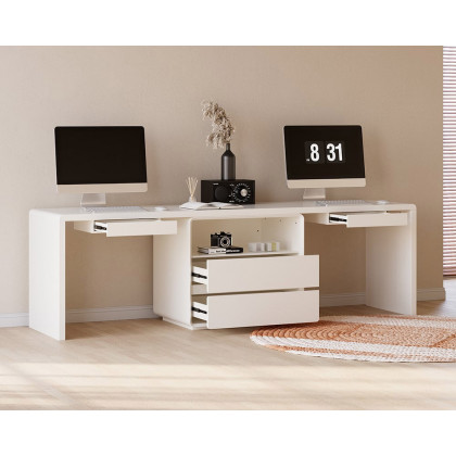 HMR - 94.5" Two Person Double Desk & 2 Office Chairs Set Cotton & Linen Swivel Task