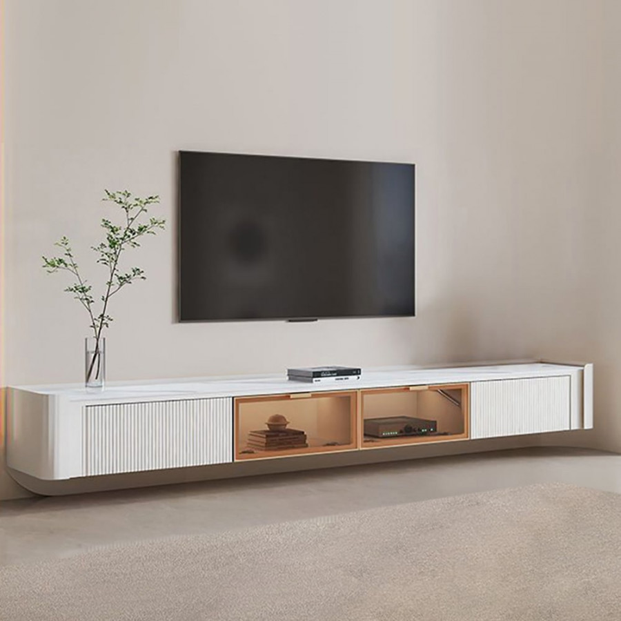 HMR - Wall-Mounted Fluted TV Stand with 2 Drawers and Flip Glass Doors Stone Top Media Console