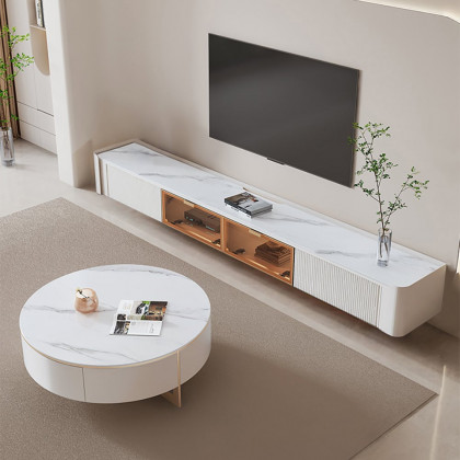 HMR - Wall-Mounted Fluted TV Stand with 2 Drawers and Flip Glass Doors Stone Top Media Console