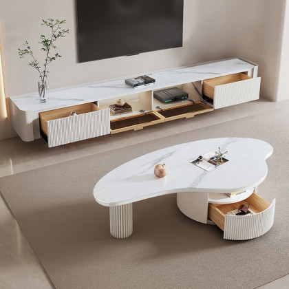 HMR - Wall-Mounted Fluted TV Stand with 2 Drawers and Flip Glass Doors Stone Top Media Console