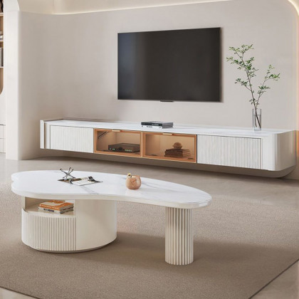 HMR - Wall-Mounted Fluted TV Stand with 2 Drawers and Flip Glass Doors Stone Top Media Console