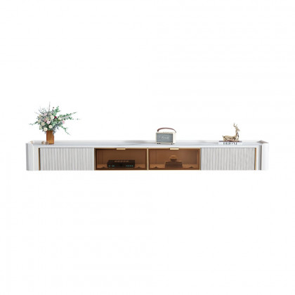 HMR - Wall-Mounted Fluted TV Stand with 2 Drawers and Flip Glass Doors Stone Top Media Console