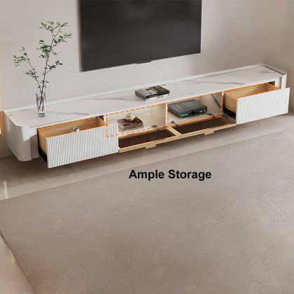 HMR - Wall-Mounted Fluted TV Stand with 2 Drawers and Flip Glass Doors Stone Top Media Console